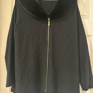 Soft Surroundings Black Diamond-Pattern Cardigan w/Faux Fur Collar